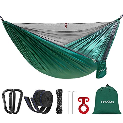 Double Single Camping Hammock,Portable Hammock with Mosquito Net and Tree Straps,Lightweight Parachute Nylon Hammock for Backpacking Travel Beach Yard Outdoor Indoor(Dark Green)