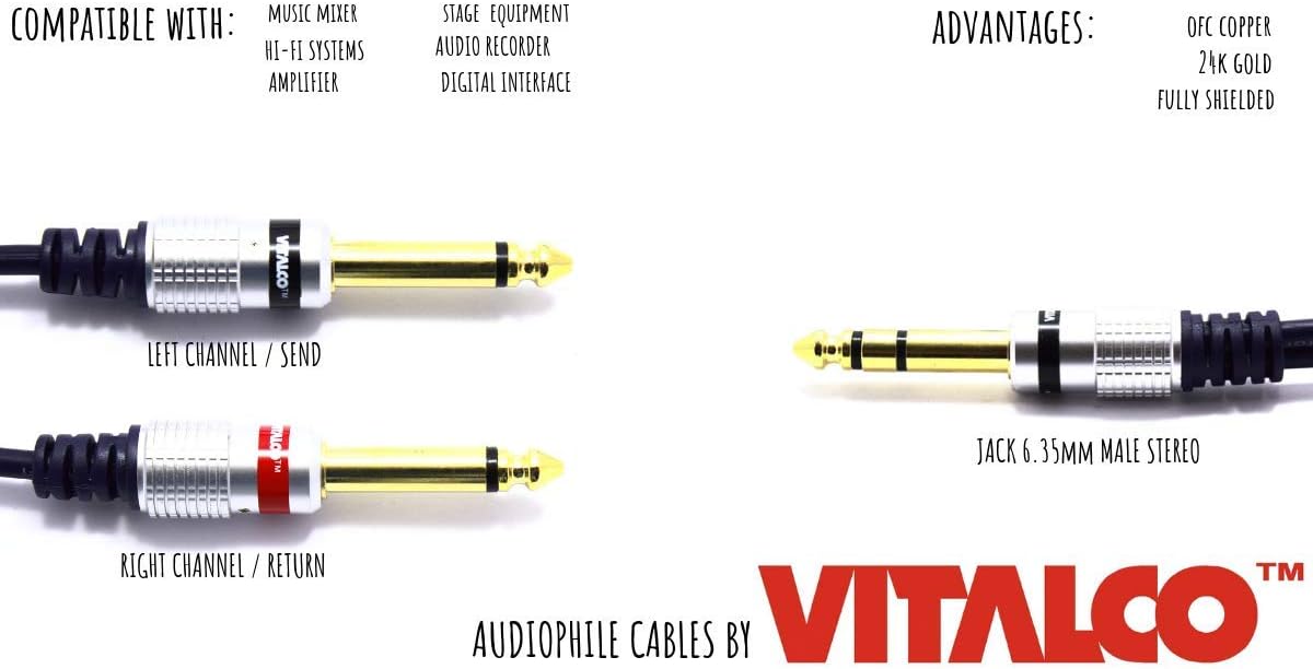 VITALCO 6.35mm to 2x 6.35 mm Cable 3m Y Splitter Insert Lead Jack TRS Stereo to Twin 6.3 1/4 Inch TS Mono Male to Male Plug Audio Adapter - Image 4