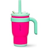 VINUR Kids Tumbler with Handle-14 oz Stainless Steel Double Wall Vacuum Tumbler with Straw, Travel Leak Proof Water Cup with Lid (Rose Pink)
