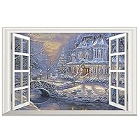 DNVEN 23 inches x 15 inches 3D High Definition Christmas Winter Castle Snowing False Faux Window Frame Mural Vinyl Bedroom Living Room Playroom Wall Decals Stickers