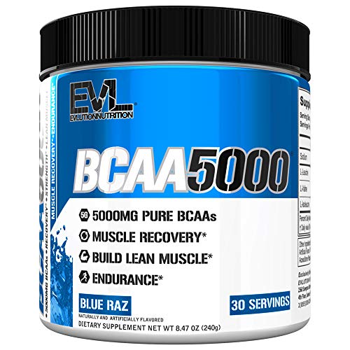 Evlution Nutrition BCAA5000 Powder 5 Grams of Branched Chain Amino Acids (BCAAs) Essential for Performance, Recovery, Endurance, Muscle Building, Keto Friendly, Zero Sugar, 30 Servings, Blue Raz