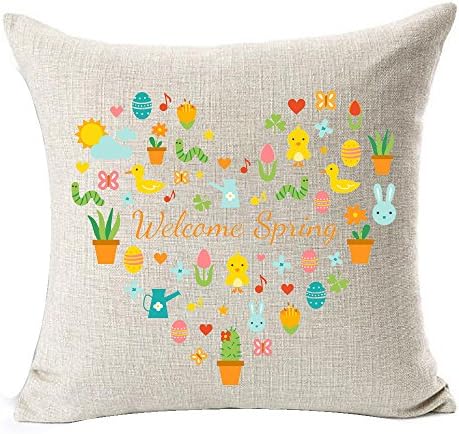 Welcome Spring Colored Flowers Chick Duck Rabbit Bunny Thanks Happy Easter Gift Cotton Linen Throw Pillow Case Cushion Cover Home Sofa balcony Decorative 18'' X 18 ''