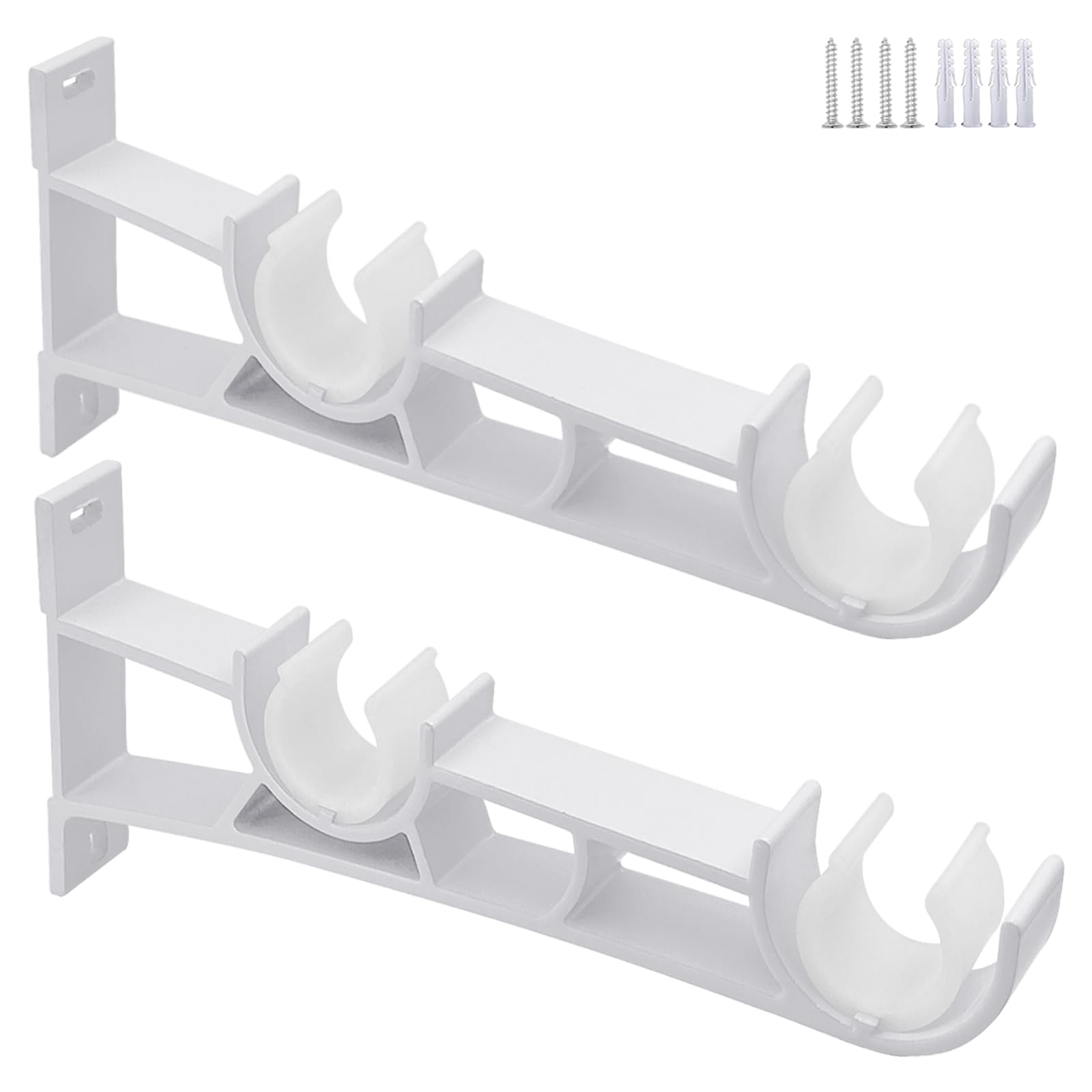 Double Curtain Pole Bracket White Curtain Rod Hooks Pole Holders for 1 inch Rod, Wall Mounted Curtain Brackets Rod Supports, 2 Pack