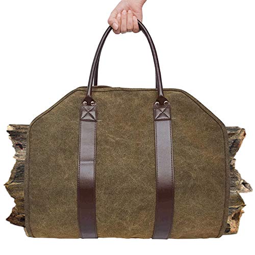 Nrpfell Outdoor Leather Tote Camping Carry Bag Canvas Firewood Carrier Log Storage Bag Package Handles Bag Firewood Bag Home Kitchen Supplies