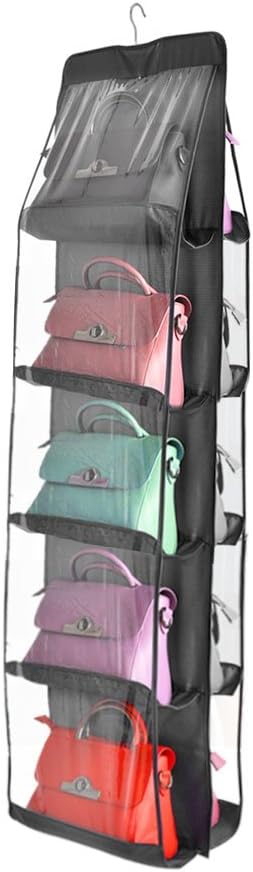 10 Pocket Pouch Hanging Handbag, Organiser Clear Purse Wardrobe, Closet Space Saving Bags Storage Grey Fabric, for Living Room Bedroom Cupboards