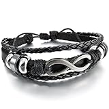 INBLUE Men,Women's Alloy Genuine Leather Bracelet Bangle Cuff Silver Tone Black Love Infinity Symbol Surfer Wrap Tribal Adjustable