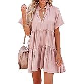Dellytop Womens Drawstring V Neck Dress Ruffle Tiered Short Sleeve Babydoll Tunic Swing Sundresses Light Pink