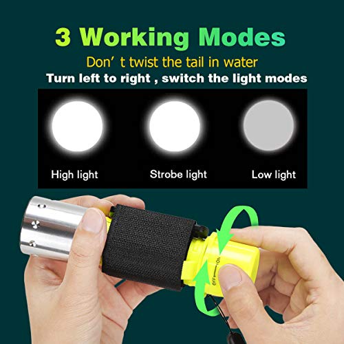 HeCloud 2 Pack LED XM-T6 Professional Diving Flashlight with Battery Charger, Bright LED Submarine Light Scuba Safety Lights Waterproof Underwater Torch for Outdoor Under Water Sports (Yellow) - Thumbnail 3