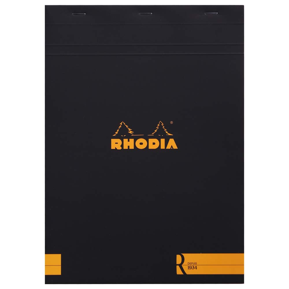 RHODIA 182012C - Stapled Notepad "Le R" No. 18 Black - A4 - Lined - 70 Detachable Sheets - Ivory Clairefontaine Paper 90 g/m - Velvety Touch Cover - Basics