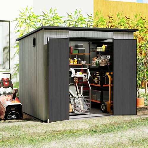 Domi 6x8FT Outdoor Resin Storage Shed with Transparent Windows & Louvered Vents, Plastic Tool Shed with Double Lockable Doors & Sloping Roof, Outside Garden Shed for Backyard, Patio, Lawn, Grey
