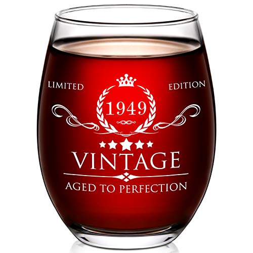 1949 70th Birthday Gifts for Women and Men Wine Glass - 70 Year Old Birthday Gifts, Party Favors, Decorations for Him or Her - Vintage Funny Anniversary Gift Ideas for Mom, Dad, Husband, Wife - 15oz
