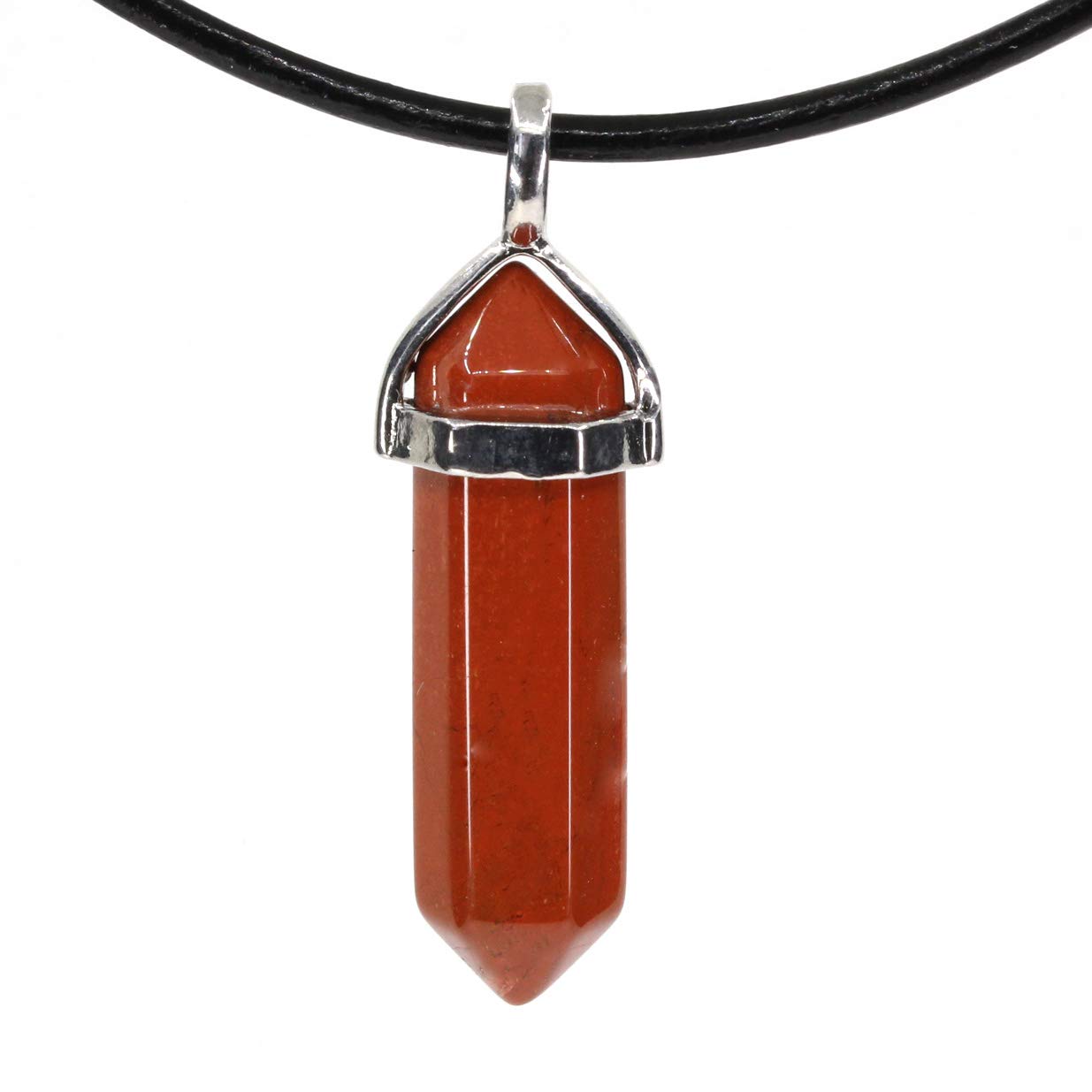 CHENYUE Semi Precious Stones Collection Hexagonal Pointed Beads Pendant Leather Necklace Red Jasper 18 Inch Cord 1 Grey Pouch