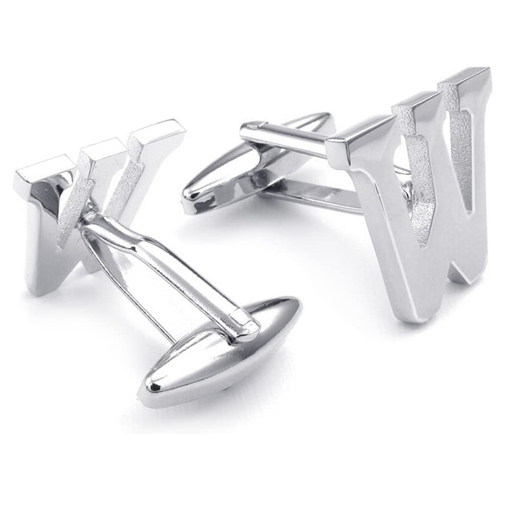 HONEY BEAR Mens Initial Alphabet Letter Silver White Steel Wedding Formal Business Cufflinks (W)