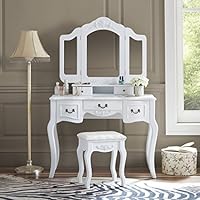 Fineboard Vanity Set Beauty Station Makeup Table and Wooden Stool Set with 3 Mirrors and 5 Organization Drawers Set, White