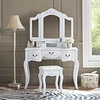 Fineboard Vanity Set Beauty Station Makeup Table and Wooden Stool Set with 3 Mirrors and 5 Organization Drawers Set, White