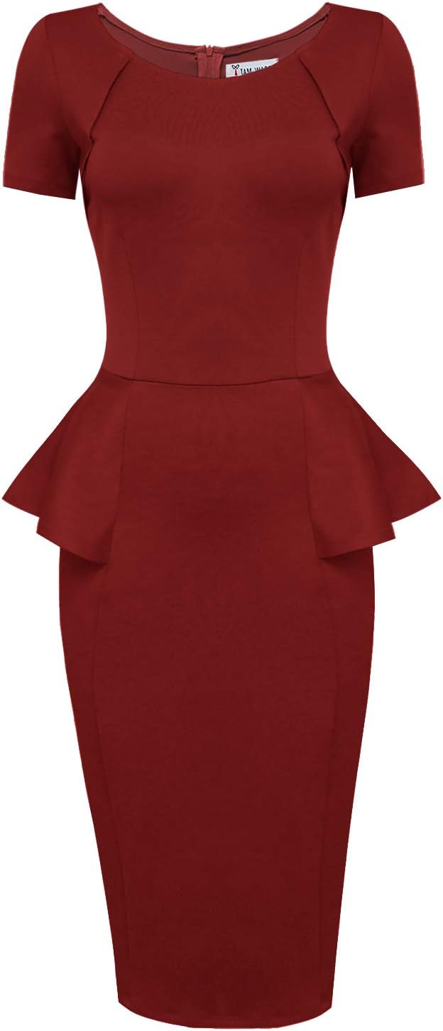 Women Short Sleeve Zip Up Peplum Bodycon Midi Dress