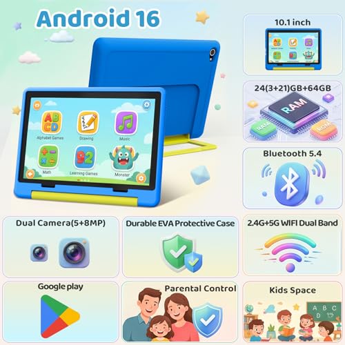 Gleeso Kids Tablet 10 inch Android 16, 24GB RAM+64GB ROM, Child Tablet 1280 * 800 IPS, 5MP+8MP Camera, 6000mAh, WiFi 6/BT 5.3, Parental Control, Toddler Tablet with Protective Case(Blue)