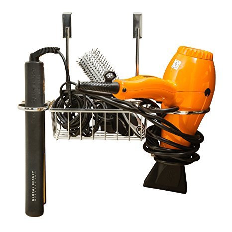 Flat iron and dryer holder with attached brush holder for hair. The best door cabinet organizer for your curling wand, straightener dryer and flat iron. - chrome