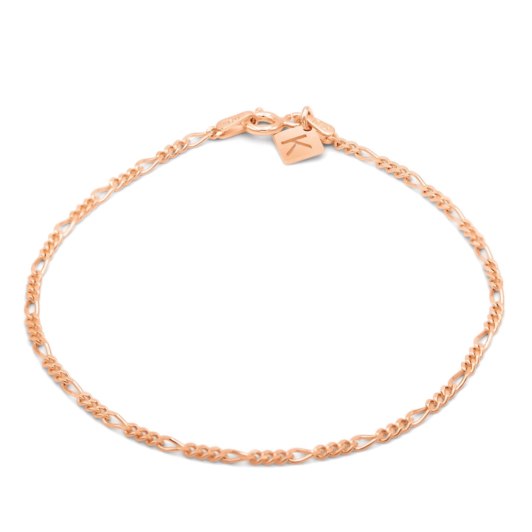 KEZEF Rose Gold Plated Italian Sterling Silver 2mm Figaro Chain 7 Inch Anklet