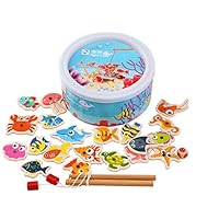 Kunmark Wooden Magnetic Puzzles Toys, Fishing Games Set with Ocean Animals and 2 Poles