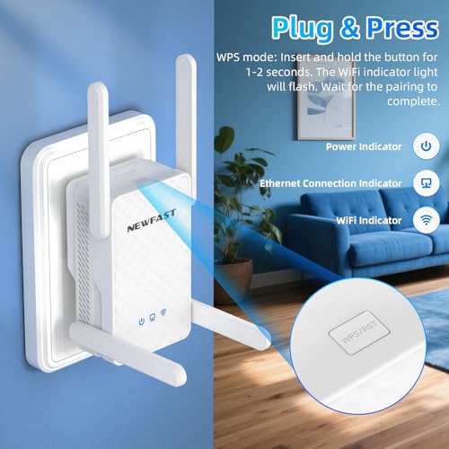 NEWFAST AX3000 WiFi Repeater Long Range WiFi Signal Amplifier 5Ghz/2.4Ghz Gigabit Wi-Fi Extender Supports 65 Online Devices, Repeater/Router/Ap/Bridge Modes, 10/100/1000Mbps, WPA2