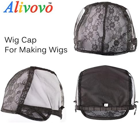 Alivovo Net Wig Cap Black Lace Wig Caps For Making Wigs Hair Net With Adjustable Straps Swiss Lace S/L/M Size (M)