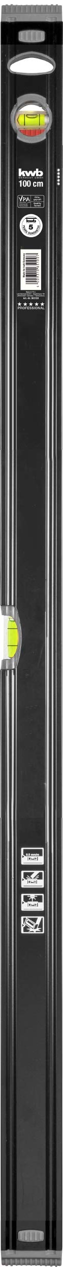 KWB 100CM ALUMINUM SPIRIT LEVEL WITH SHOCKPROOF VIAL, 0.5MM/M ACCURACY, VPA-CERTIFIED, HIGHLY PRECISION GROUND, INCLUDES 1 HORIZONTAL AND 1 VERTICAL VIAL WITH RUBBER END CAPS