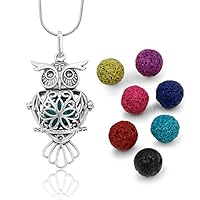 Maromalife Premium Owl Lava Stone Aromatherapy Essential Oil Diffuser Necklace Locket Pendant Gift Set with 24