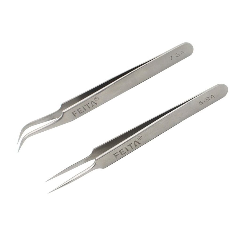 FEITA Precision Tweezers - Professional Stainless Steel Straight & Curved Pointed Very Fine Tips Tweezer Set for Eyelash Extension, Lash Extensions, Hair Plucking (Silver 2Pcs)