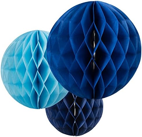Floral Reef Variety Set of 3 Sizes (8", 10", 12") - Assorted Dark Blue, Sky Blue, Navy Blue - Tissue Paper Honeycomb Ball Pom Pom Flower Hanging Home Decoration Party Wedding