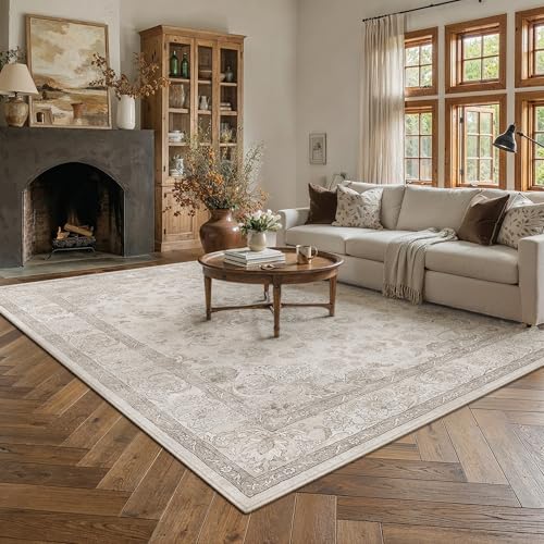 PureCozy Washable Area Rug 8x10 Beige Vintage Living Room Bedroom Carpet Non Slip Soft Low Pile Distressed Medallion Indoor Floor Retro Throw Large Rug for Dining Room Office