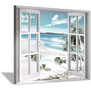 Open Windows Canvas Wall Art: Beach with Coastal Palm Graphic Artwork Print on Wrapped Canvas for Wall Decor(24''x18'')