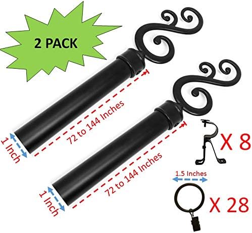 TEJATAN - 1 Inch Curtain Rod with Classic Design finials, Brackets and Curtain Rings (Curtain Rod - 72 to 144 Inches (2 Pack))