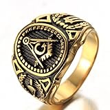 OAKKY Men's Stainless Steel Vintage Masonic Freemason Ring Symbol Member Gold Band