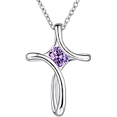 NINAMAID Cross Necklace for Women, 925 Sterling Silver Birthstone Necklace for Women with Diamond Sideways Cross Necklaces Birthstone Jewelry Birthday Gifts for Womens