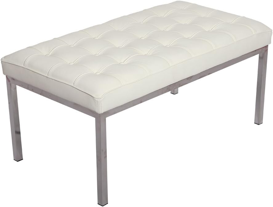 MLF 2 Seater Bench(5 Colors).Imported Cream Italian Leather,Multi Density Foam Cushion& Fire Retardant Compliant,High Polished Stainless Steel Frame for Firm& Durability,Floor Protection Pads on Legs.