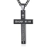 REVEMCN Inspirational Bible Verse Cross Necklace for Men Boys, Stainless Steel Plain Black Silver Cross Pendant Necklace for Men 20-24 Inches Curb Chain Faith Jewelry Gift