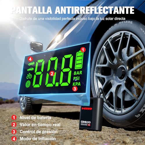 GOOLOO Arrancador de batería A2 8 en 1 con compresor de Aire, 2500 A (hasta 8 L de Gasolina/6 L de diésel), inflador de neumáticos inalámbrico de 150 PSI con Apagado automático