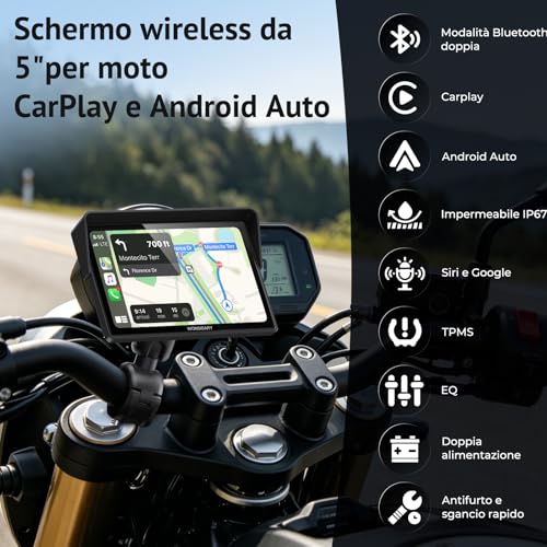 Wonsidary W522TPMS 5 Inch Wireless CarPlay Motorcycle Screen with Android Auto, IP67 IP67 Waterproof Touch Display with TPMS, Voice Control, Dual Bluetooth Audio, USB/ACC Power for Motorcycle