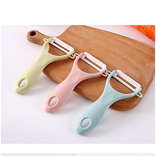 Elaco 3Pcs Fruit Peeler, Creative Stainless Steel Ceramics Fruit Peeler Parer Cutter Kitchen Tool Helper (Green,Yellow,Pink) - Thumbnail 2