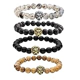 Top Plaza Jewelry Lava Rock Turquoise Matte Agate Picture Jasper Mens Womens Bracelet, Energy Beads, Gold Plated Lion Head