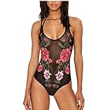 UNKE Sexy Swimwear One-piece Bikini Embroidery NetYarn Sling Halter Swimsuit Jumpsuit ,XL