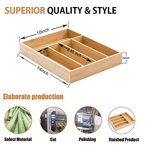 LONTAI Bamboo Kitchen Drawer Organizer Utensil and Cutlery Tray with 5 Compartments Drawer Dividers for Flatware and Kitchen Utensils - Thumbnail 4