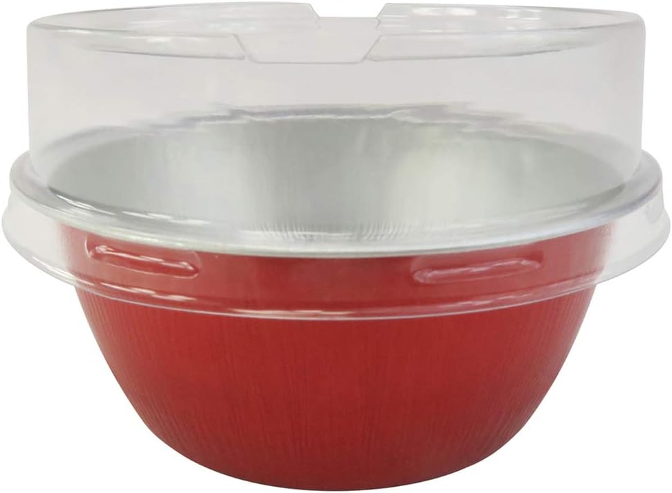 KitchenDance Disposable Aluminum Colored Baking Cups- Creme Brulee cups- Dessert Cups- 4 oz. Size with Lids (100, Red w/Stackable Lid)