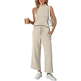 AUTOMET Womens 2 Piece Mock Neck Matching Summer Tracksuit Set Sleeveless Tank Top Wide Leg Crop Pant Sets