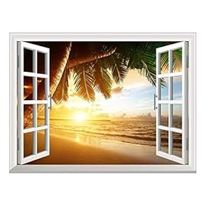 Removable Wall Sticker/Wall Mural - Sunrise on Caribbean Beach | Creative Window View Wall Decor - 24"x32"