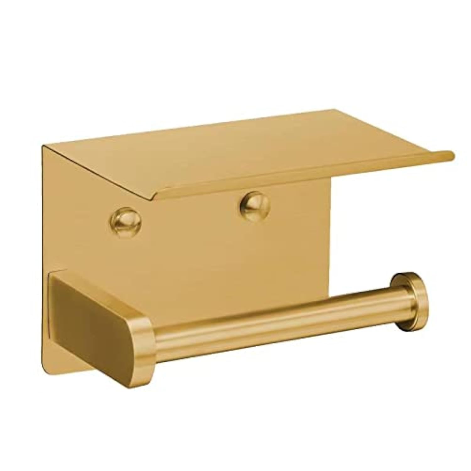 Photo 1 of VAEHOLD Self Adhesive Toilet Paper Holder with Phone Shelf Stainless Steel Wall Mounted Toilet Paper Roll Holder - Rustproof and Bathroom Washroom Tissue Roll Holder with Storage Shelf - Gold