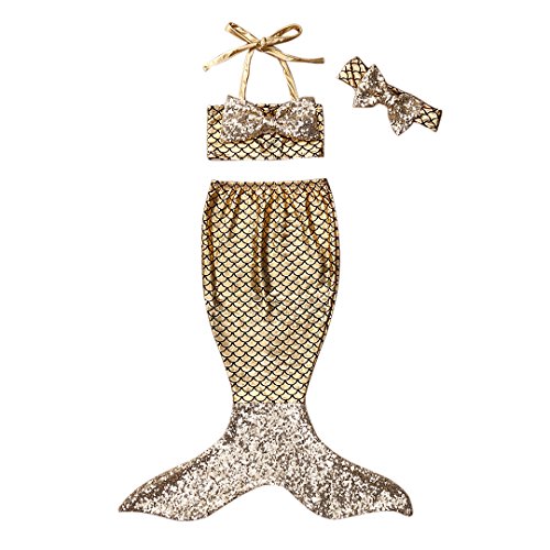 3pc Baby Girl Princess Mermaid Sequins Swimsuit Bow Costume Headband Bikini swimwear