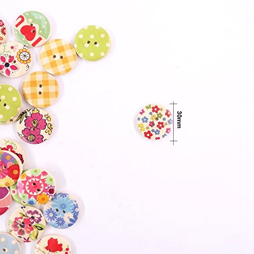 Renashed 50Pcs Mixed Color Design Wooden Buttons in Bulk for Crafts Scrapbooking or Sewing and DIY Craft (30mm)