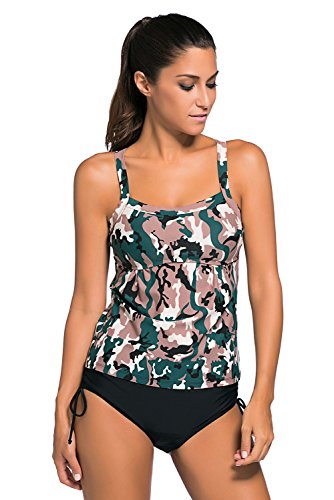 Women's Camouflage Print 2pcs Tankini Swimsuit Triangular Briefs ((US 14-16)XL, Dark Camouflage)